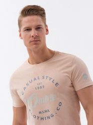 T-shirt męski bawełniany z nadrukiem - jasnoróżowy V3. Czerwone t-shirty męskie Ombre Clothing, m, bez wzorów, z bawełny, klasyczne, bez kołnierzyka. W wyprzedaży za 19.99 zł.