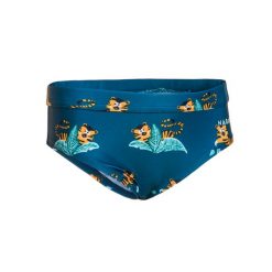 Slipki pływackie dla malucha Nabaiji Tygrys. Niebieskie kąpielówki dla chłopców Decathlon, bez wzorów, z elastanu. Za 19.99 zł.