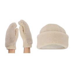Zestaw damskich rękawiczek i czapki Teddy w jednym rozmiarze. Brązowe czapki i kapelusze damskie Sarlini, na zimę, bez wzorów, z materiału, eleganckie. Za 186.35 zł.