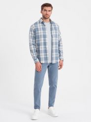 Spodnie męskie jeansowe bez przetarć SLIM FIT - niebieskie V3. Niebieskie spodnie sportowe męskie Ombre Clothing, m, bez wzorów, z bawełny. W wyprzedaży za 59.99 zł.
