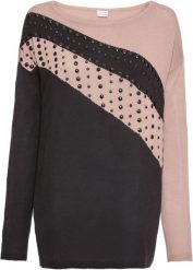 Sweter oversize z aplikacją. Czarne swetry damskie bonprix, z aplikacjami, eleganckie, bez kołnierzyka, bez ramiączek, bez kaptura. Za 134.99 zł.