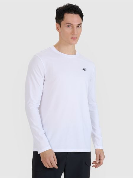 4F Longsleeve regular gładki męski - biały S. Białe koszulki sportowe męskie 4f, m, bez wzorów, z bawełny, bez kołnierzyka, bez ramiączek. W wyprzedaży za 39.99 zł.