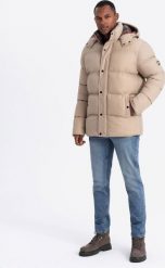 Kurtka męska Ombre Męska kurtka puffer z podszewką w kratę beżowa V2 OM-JAHP-0205 XXL. Brązowe kurtki męskie Ombre, m, bez wzorów, bez kaptura. Za 399.99 zł.