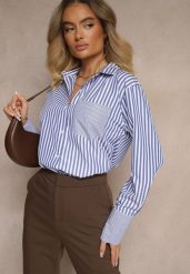 Niebiesko-Biała Koszula z Bawełną w Paski Koriaretta. Niebieskie bluzki damskie Renee, l, bez wzorów, z bawełny, eleganckie, bez kołnierzyka, bez ramiączek. Za 79.99 zł.