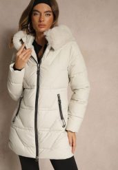 Biała Pikowana Kurtka o Taliowanym Kroju z Kapturem z Futrem Nalessia. Białe kurtki damskie Renee, l, bez wzorów, z dzianiny, z kapturem. Za 199.99 zł.