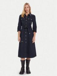 Morgan Sukienka jeansowa 252-RJEANA Granatowy Regular Fit. Niebieskie sukienki damskie Morgan, bez wzorów, z bawełny, bez kołnierzyka, bez ramiączek, koszulowe. Za 489.99 zł.