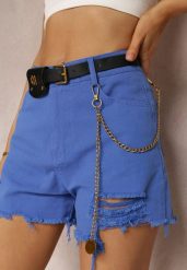 Niebieskie Bawełniane Szorty High Waist z Paskiem z Odpinanym Łańcuszkiem Priseis. Niebieskie szorty damskie Renee, l, bez wzorów, z bawełny, casualowe, z podwyższonym stanem. Za 39.99 zł.