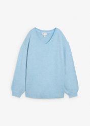 Sweter z dekoltem w serek. Niebieskie swetry damskie bonprix, bez wzorów, bez kołnierzyka, bez ramiączek, bez kaptura. Za 97.99 zł.