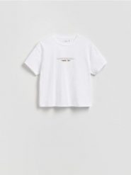 Bawełniany t-shirt z napisem - biały. Białe t-shirty damskie Reserved, l, bez wzorów, z bawełny, bez kołnierzyka. Za 39.99 zł.