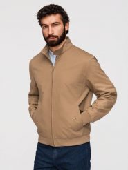 Męska kurtka Harrington ze stójką i podszewką w kratę - jasnobrązowa V5 - Rozmiar: L. Brązowe kurtki męskie Ombre Clothing, l, bez wzorów, z bawełny, biznesowe, bez kaptura. Za 249.99 zł.