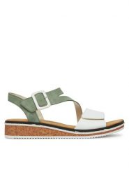Rieker Sandały V3660-52 Zielony. Zielone sandały damskie Rieker, bez wzorów, z materiału, bez obcasa, na koturnie, bez zapięcia. Za 299.99 zł.