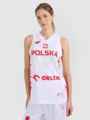 4F Koszulka reprezentacyjna z możliwością personalizacji damska 4F x PZKOSZ - biała XXL. Białe koszulki sportowe damskie 4f, l, bez wzorów, z materiału, bez kołnierzyka, bez ramiączek, do koszykówki. Za 219.99 zł.