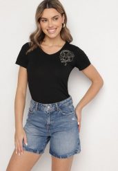 Czarny T-shirt z Bawełny z Cyrkoniowym Wzorem Uliavira. Czarne bluzki damskie Born2be, l, z aplikacjami, z bawełny, eleganckie, bez kołnierzyka, bez ramiączek. Za 29.99 zł.
