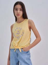 Top dziewczęcy z dzianiny bambusowej żółty Jagienka 200. Żółte t-shirty i topy dla dziewczynek Big Star, bez wzorów, z dzianiny, bez ramiączek. W wyprzedaży za 19.99 zł.