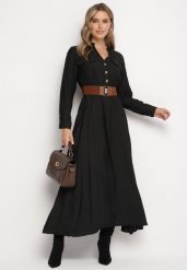 Czarna Rozkloszowana Sukienka Koszulowa z Paskiem i Gumką w Talii Zinavie. Czarne sukienki damskie Born2be, na imprezę, m, bez wzorów, eleganckie, bez kołnierzyka, bez ramiączek, maxi, koszulowe. Za 64.99 zł.