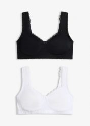 Biustonosz minimizer typu T-shirt bez fiszbinów z bawełną organiczną (2 szt.). Niebieskie biustonosze bonprix, bez wzorów, z bawełny. Za 99.99 zł.