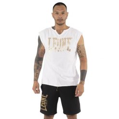 Koszulka z bawełna na co dzień na siłownię. Białe buty sportowe męskie LEONE 1947 APPAREL, bez wzorów, z bawełny, bez kołnierzyka, bez ramiączek, na fitness i siłownię. W wyprzedaży za 69.47 zł.