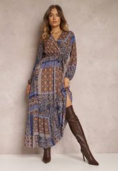Niebiesko-Brązowa Sukienka Rozkloszowana w Patchworkowy Wzór Balmi. Niebieskie sukienki damskie Renee, na co dzień, s, bez wzorów, boho, bez kołnierzyka, bez ramiączek, maxi, rozkloszowane. Za 119.99 zł.