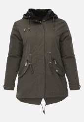 Zielono-Czarna Dwustronna Kurtka Przejściowa w Stylu Parki z Kapturem Tidala. Zielone kurtki damskie Born2be, plus size, bez wzorów, z jeansu, z kapturem. Za 109.99 zł.