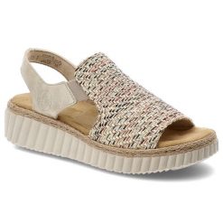 Sandały damskie Rieker, cholewka z materiału tekstylnego wsuwany fason na platformie, beżowe, 69276-60. Brązowe klapki damskie Rieker, bez wzorów, bez obcasa, na platformie. Za 299.00 zł.