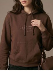 Dresowa bluza hoodie z kieszenią i haftowanym napisem - brązowy. Brązowe bluzy sportowe damskie Sinsay, l, bez wzorów, z dresówki, bez kaptura. Za 39.99 zł.
