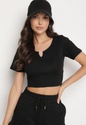 Czarny Bawełniany T-shirt z Prążkowanego Materiału Linalora. Czarne bluzki damskie Born2be, l, bez wzorów, z bawełny, biznesowe, bez kołnierzyka, bez ramiączek. Za 29.99 zł.