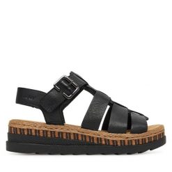 Sandały Rieker. Czarne sandały damskie Rieker, bez wzorów, bez obcasa, na koturnie, bez zapięcia. Za 349.99 zł.