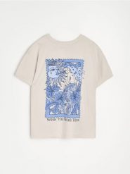 Bawełniana koszulka z nadrukiem na plecach - beżowy. Brązowe t-shirty damskie Sinsay, l, bez wzorów, z bawełny, bez kołnierzyka. Za 25.99 zł.