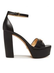 Guess Sandały FLJSET LEA03 Czarny. Czarne sandały damskie Guess, z aplikacjami, ze skóry, bez obcasa, na słupku, bez zapięcia. Za 469.99 zł.