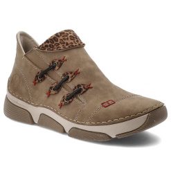 Botki damskie Rieker, antistress na płaskiej podeszwie w panterkę zapinane na suwak i ocieplane, beżowe, 45983-64. Brązowe kozaki damskie Rieker, z syntetyku, bez obcasa, na płaskiej podeszwie. Za 279.00 zł.