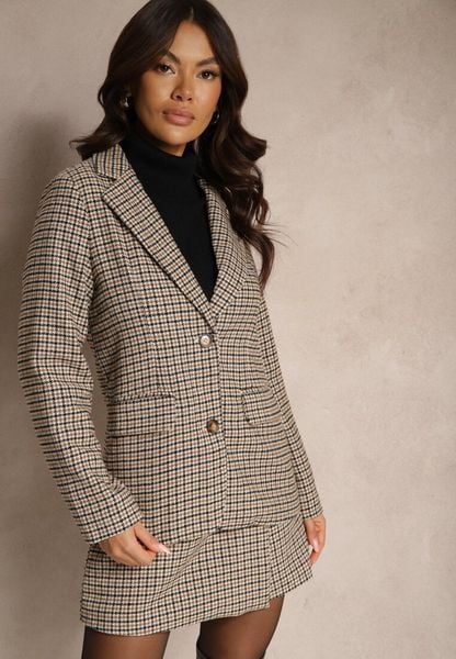 Beżowa Marynarka Jednorzędowa z Wiskozą Ozdobiona Kieszeniami i Kratą Ninnelle. Brązowe żakiety damskie Renee, s, bez wzorów, z wiskozy, eleganckie. Za 169.99 zł.