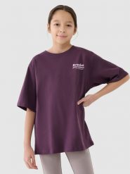 4F T-shirt oversize z nadrukiem dziewczęcy - fioletowy 152 (11-12 lat). Fioletowe t-shirty i topy dla dziewczynek 4f, bez wzorów, z bawełny, bez ramiączek. W wyprzedaży za 19.99 zł.