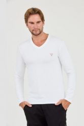 GUESS Biały longsleeve Core Tee. Białe bluzki z długim rękawem męskie Guess, l, z aplikacjami, bez kołnierzyka. W wyprzedaży za 79.99 zł.