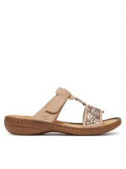 Rieker Klapki 608K2-31 Beżowy. Brązowe klapki damskie Rieker, bez wzorów, bez obcasa. Za 299.99 zł.