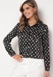 Czarna Koszula w Geometryczne Wzory o Klasycznym Fasonie Pielaria. Czarne bluzki damskie Born2be, l, bez wzorów, klasyczne, bez kołnierzyka, bez ramiączek. Za 99.99 zł.