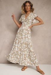 Beżowa Kwiatowa Sukienka z Wiskozy Ozdobiona Guzikami Delisane. Brązowe sukienki damskie Renee, na co dzień, m, bez wzorów, z wiskozy, eleganckie, bez kołnierzyka, bez ramiączek, maxi. Za 59.99 zł.