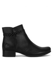 Rieker Botki 78676-00 Czarny. Czarne botki damskie Rieker, ze skóry, bez obcasa, na słupku, bez zapięcia. Za 389.99 zł.