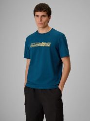 4F T-shirt regular z nadrukiem męski - turkusowy L. Niebieskie t-shirty męskie 4f, l, bez wzorów, z materiału, bez kołnierzyka. Za 69.99 zł.