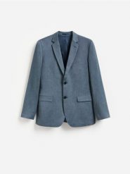 Marynarka slim fit z dodatkiem wiskozy - granatowy. Niebieskie marynarki męskie Reserved, bez wzorów, z tkaniny. Za 359.99 zł.