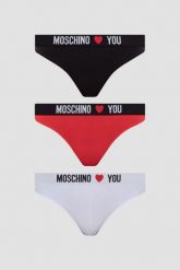 MOSCHINO Damskie stringi trzypak, Rozmiar M. Stringi damskie MOSCHINO, m, bez wzorów, z bawełny. W wyprzedaży za 289.99 zł.