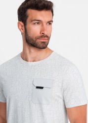 Ombre Bawełniany męski t-shirt z literowym printem i kieszonką biało-szary V3 OM-TSFP-0188 L. Białe t-shirty męskie Ombre, l, bez wzorów, z bawełny, bez kołnierzyka. Za 59.99 zł.