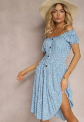 Niebieska Kwiecista Sukienka z Bawełny z Gumkami w Pasie Herata. Niebieskie sukienki damskie Renee, na wiosnę, bez wzorów, z bawełny, bez ramiączek, krótkie. Za 49.99 zł.