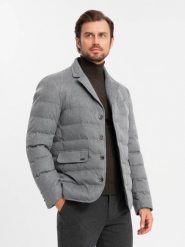 Kurtka męska o kroju marynarki z podpinką szara V1 OM-JALP-0170 XXL. Szare kurtki męskie Ombre, m, bez wzorów, bez kaptura. Za 528.00 zł.