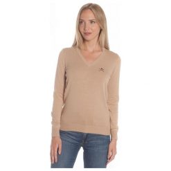 Polo Club C.H..A Sweter Damski S Beżowy. Brązowe swetry damskie Polo Club C.H..A, dekolt w kształcie v. W wyprzedaży za 239.00 zł.