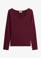 Koszulka z dżerseju z koronką z dekoltem w serek. Czerwone bluzki damskie bonprix, bez wzorów, z dżerseju, eleganckie, bez kołnierzyka, bez ramiączek. Za 79.99 zł.