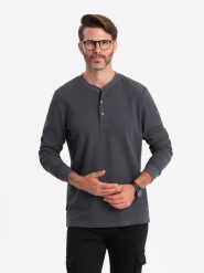 Męski longsleeve zapinany pod szyją z dzianiny waflowej – grafitowy V3 OM-LSCL-0120 - XXL. Szare bluzki z długim rękawem męskie Ombre Clothing, l, bez wzorów, z bawełny, bez kołnierzyka. W wyprzedaży za 69.99 zł.