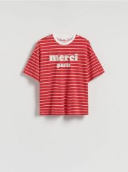 T-shirt oversize w paski - wielobarwny. T-shirty damskie Reserved, l, bez wzorów, z bawełny, bez kołnierzyka. W wyprzedaży za 49.99 zł.