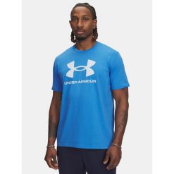 UNDER ARMOUR koszulka męska z krótkim rękawem Logo. Niebieskie buty sportowe męskie Under Armour, m, bez wzorów, bez kołnierzyka, bez ramiączek, na fitness i siłownię. Za 91.10 zł.