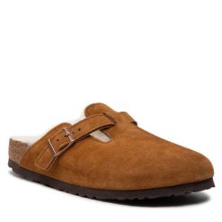 Klapki Birkenstock. Brązowe klapki damskie Birkenstock, bez wzorów, bez obcasa. Za 679.99 zł.