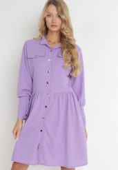 Fioletowa Koszulowa Sukienka Mini z Guzikami i Szerokimi Mankietami Alyapa. Fioletowe sukienki damskie Born2be, bez wzorów, bez kołnierzyka, bez ramiączek, mini, koszulowe. Za 59.99 zł.